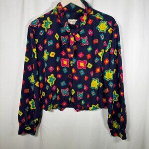 Lilli Ann Collections Vintage Multicolored  Crop Top, Tie Neck, Button Down  Siz